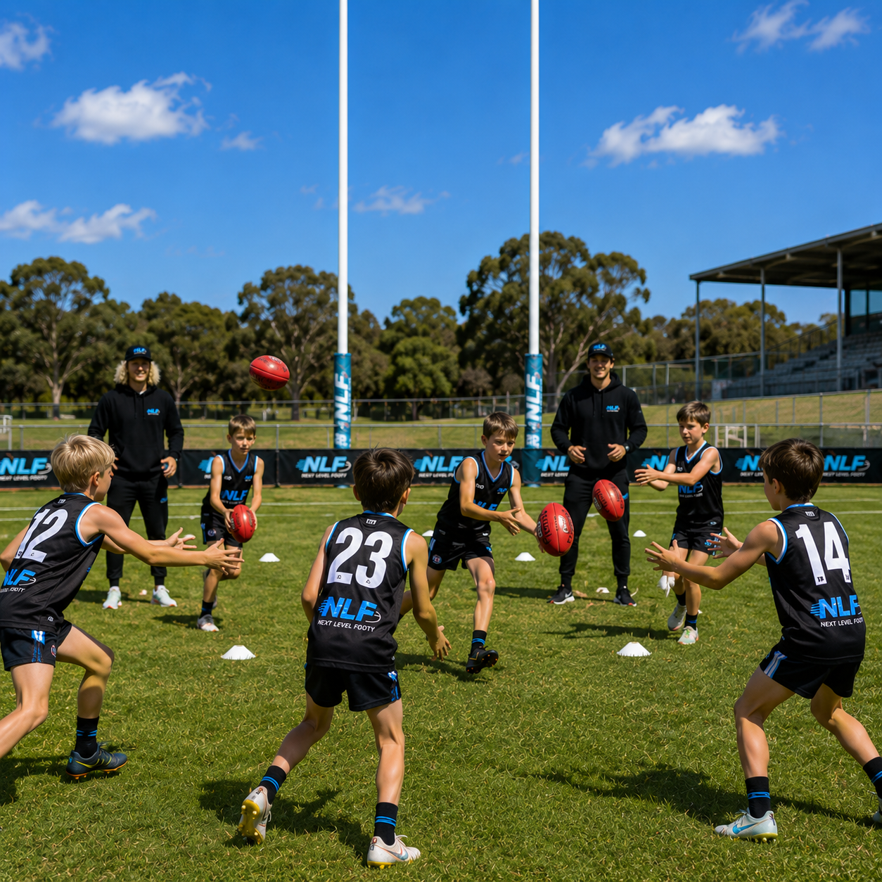NLF coaches running a handball drill with junior players