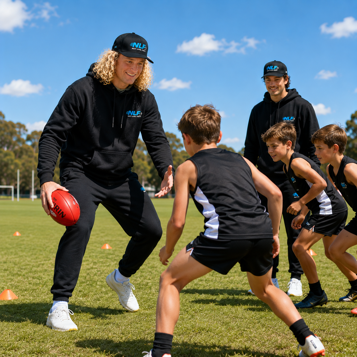 Youth football skills drill in progress